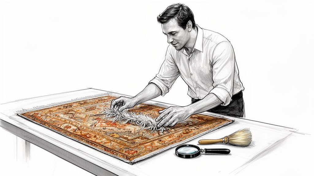 An illustration of a man meticulously examining a decorative rug with a magnifying glass and brush.