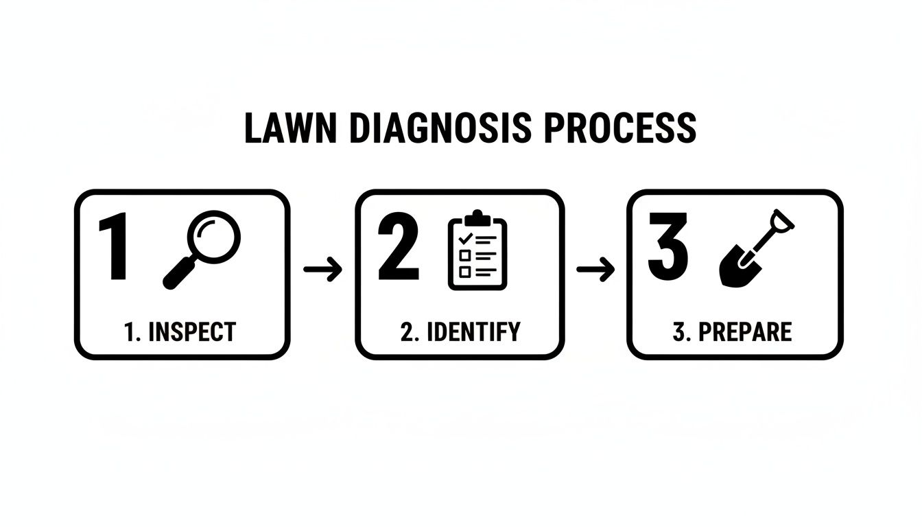 Infographic showing a three-step lawn diagnosis process: inspect, identify, and prepare with icons.