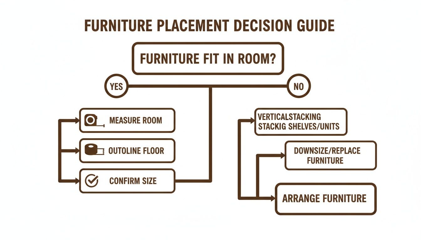 A flowchart outlining furniture placement decision guide based on room fit, including measuring and arranging steps.