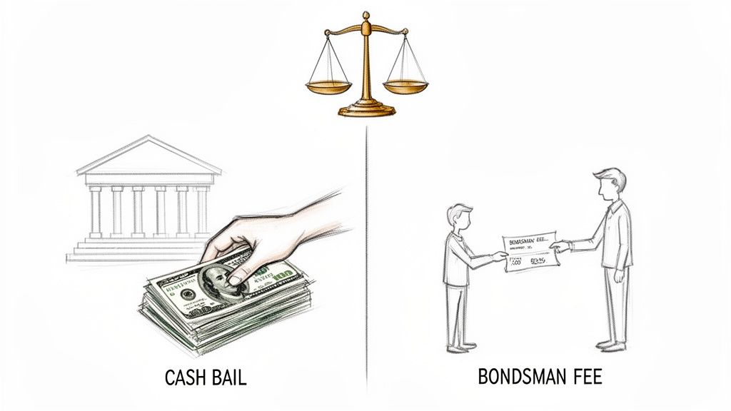 Illustration comparing cash bail paid to a court and a bondsman fee for legal release.