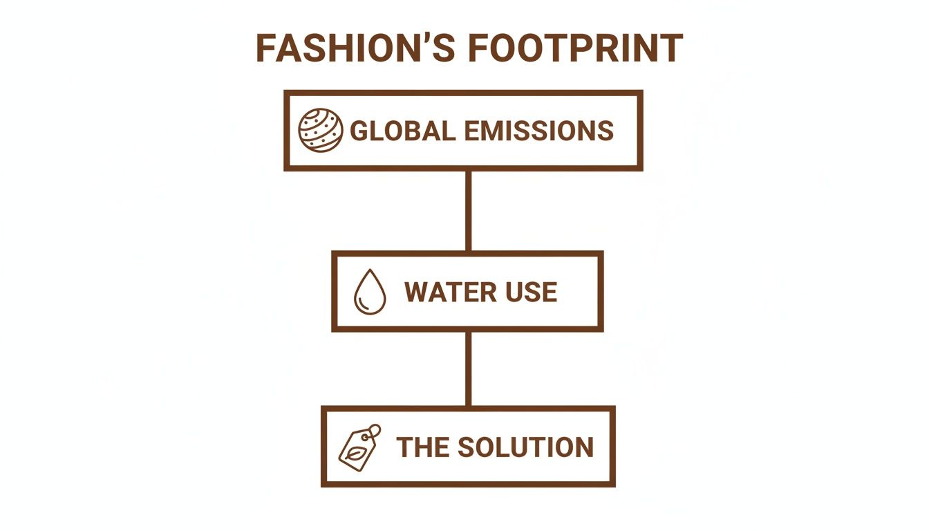 A flowchart titled 'Fashion's Footprint' illustrating global emissions, water use, and the solution.