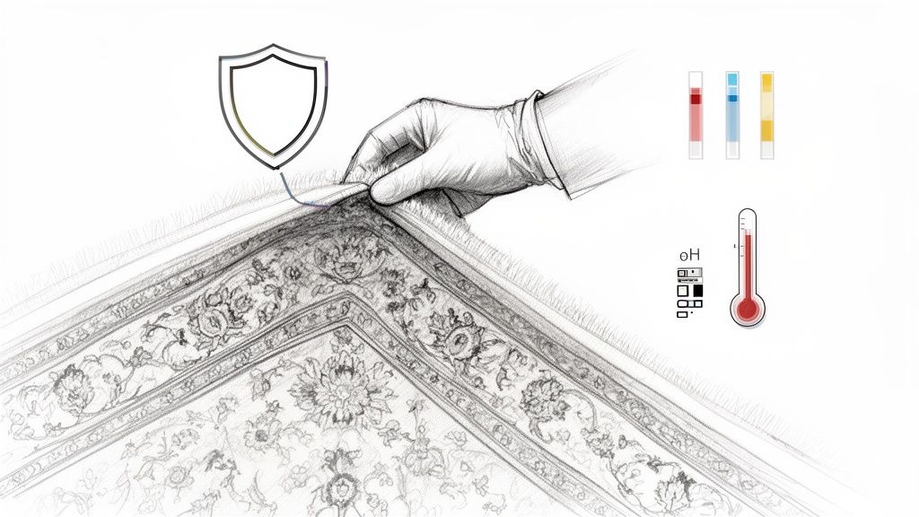 Gloved hand inspecting an ornate rug, with symbols for protection, pH, and temperature tests.