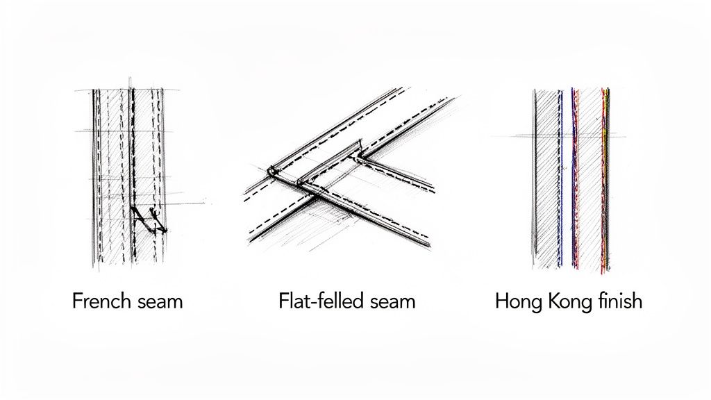 Detailed illustrations of three sewing seam types: French seam, Flat-felled seam, and Hong Kong finish.