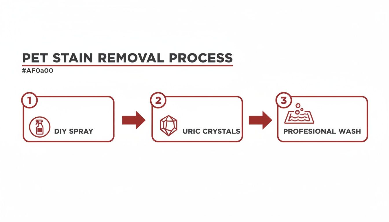 Infographic detailing a three-step pet stain removal process: DIY spray, uric crystal treatment, and professional wash.