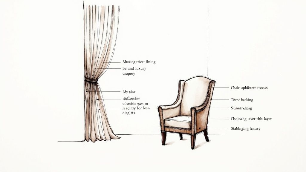 A luxurious living room with elegant custom draperies and high-end upholstered furniture, showcasing the application of designer fabrics.