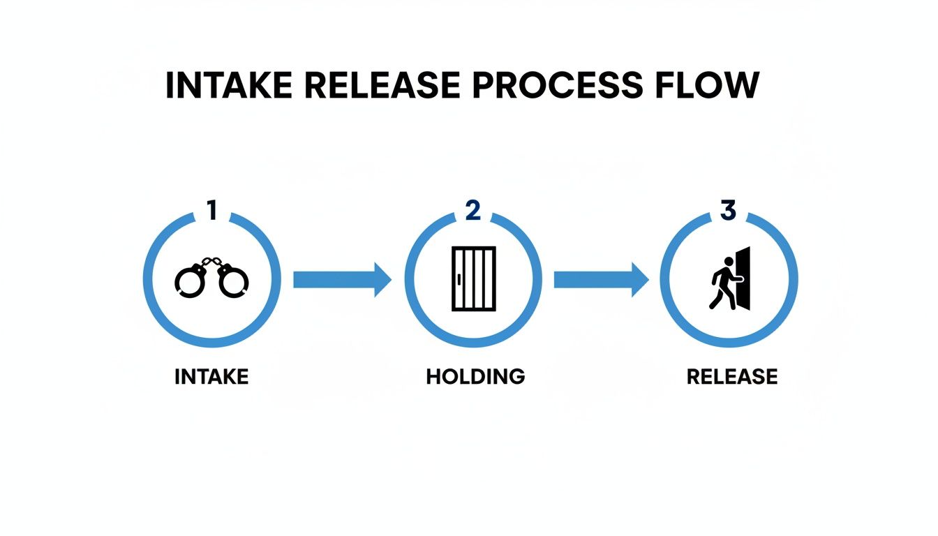 A process flow diagram illustrating intake (handcuffs), holding (jail cell), and release (person exiting door).