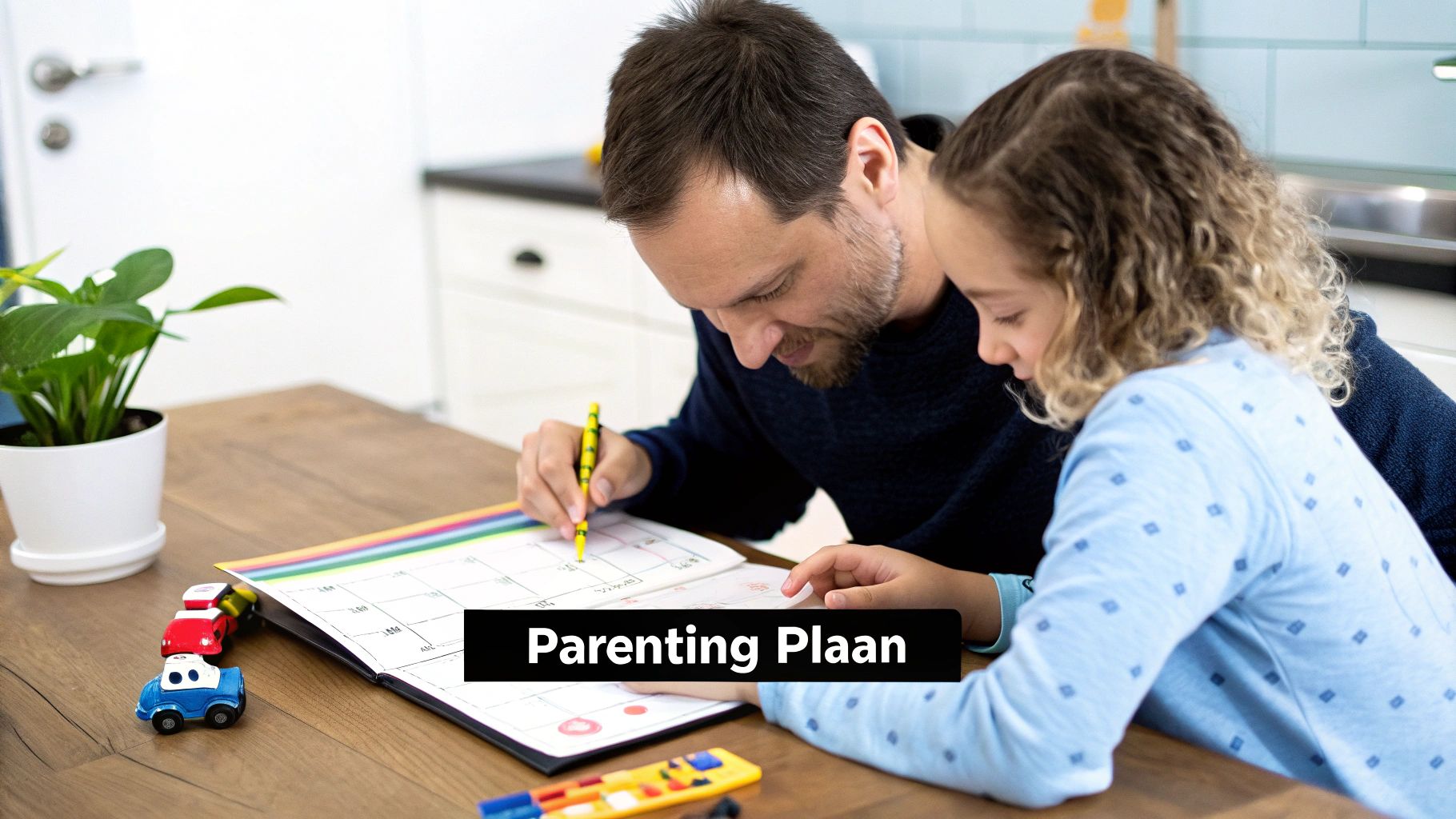 A father and daughter sit at a wooden table, coloring or writing on a paper together with a yellow pen.