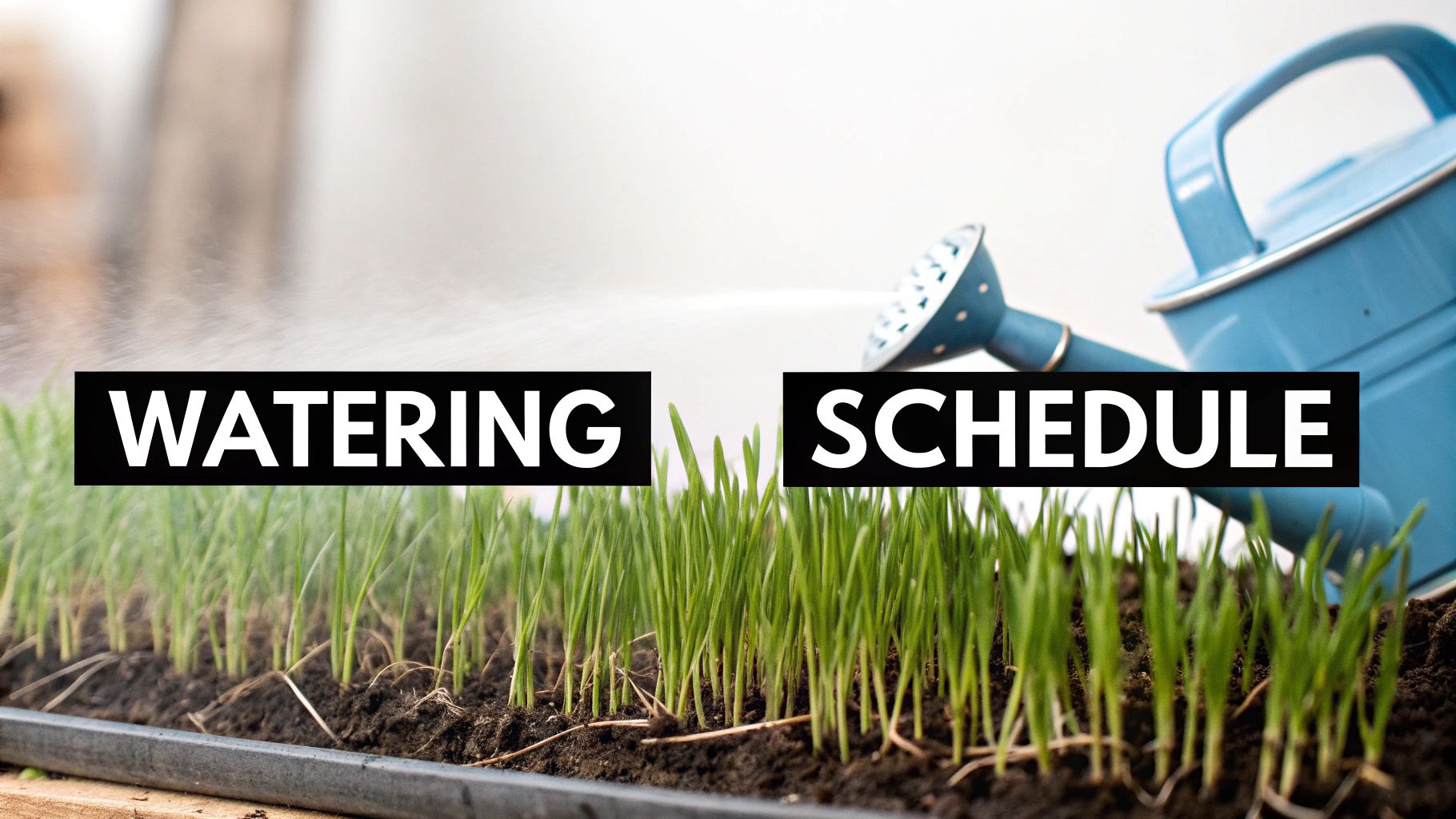 A blue watering can waters young green grass sprouts in a tray with text "WATERING SCHEDULE".