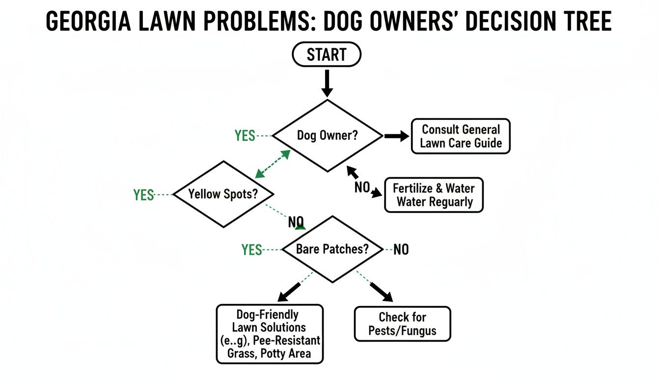 Flowchart for Georgia lawn problems, helping dog owners find solutions like pee-resistant grass and dedicated potty areas.
