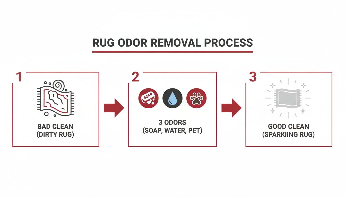 Infographic showing a three-step rug odor removal process from a dirty to a sparkling clean rug.