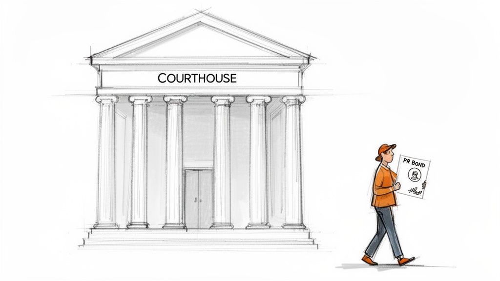 Person walks away from a courthouse holding a sign for a personal recognizance (PR) bond.