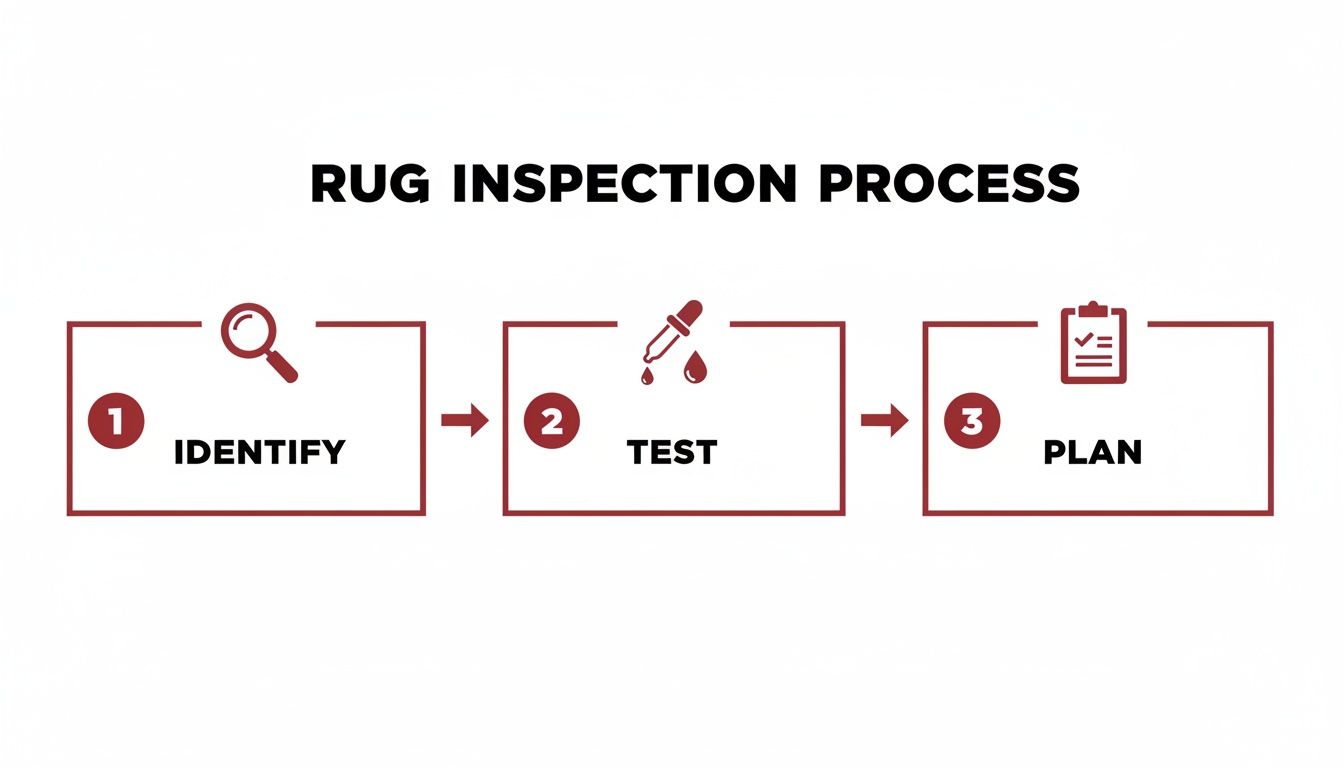A diagram illustrating the three-step rug inspection process: Identify, Test, and Plan with icons.