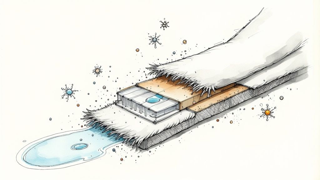 Illustrative cross-section of a rug showing its layers, with water and abstract particles, suggesting deep cleaning.