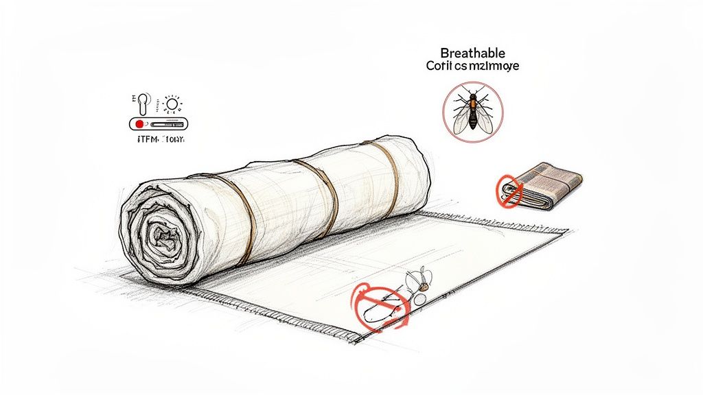 Illustration depicting a rolled-up mat, showcasing features like breathability, temperature control, and insect repellent.