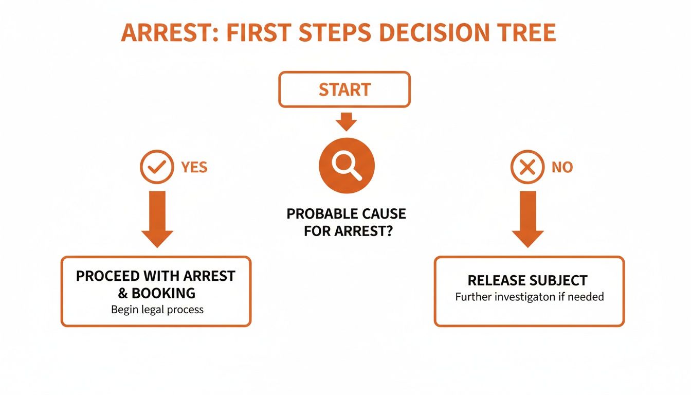 A decision tree flowchart outlining first steps for arrest procedures, guiding based on probable cause.