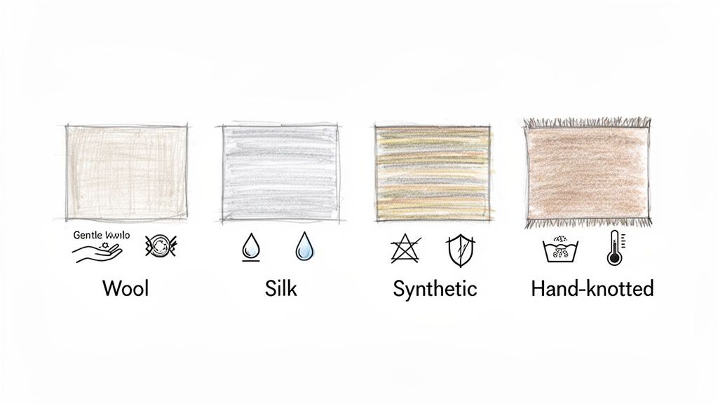 Diagram showing four rug types: Wool, Silk, Synthetic, and Hand-knotted, with care symbols.