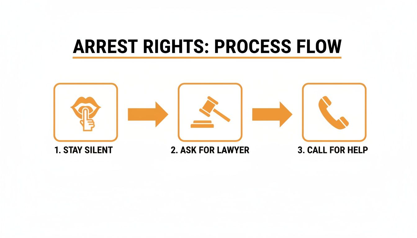 A flowchart outlining three steps for arrest rights: stay silent, ask for a lawyer, and call for help.