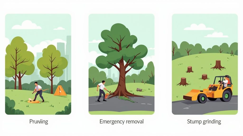 Illustrations showing three tree care services: pruning, emergency removal, and stump grinding.
