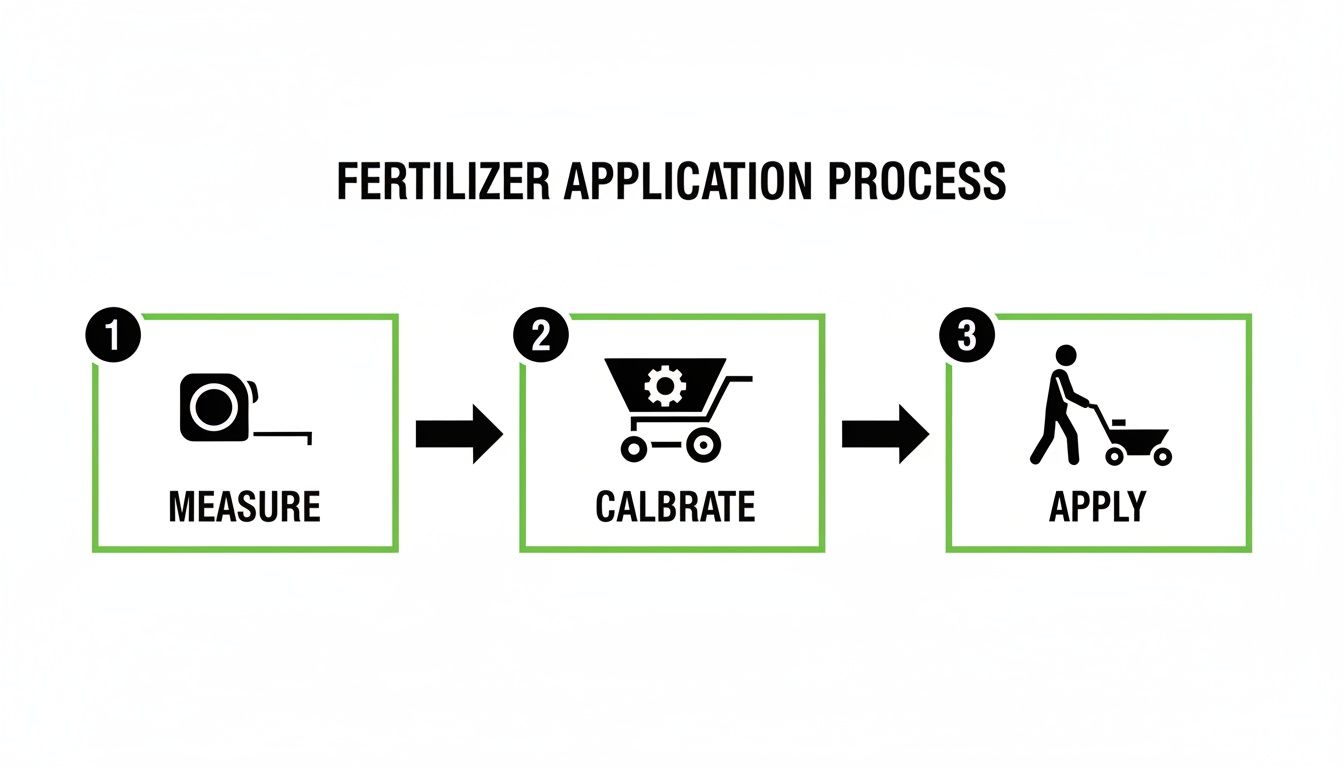 Flowchart showing three steps for fertilizer application: measure, calibrate, and apply using a spreader.