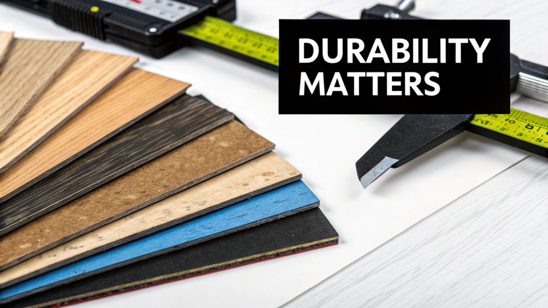 Various wood flooring samples displayed with a caliper, emphasizing the importance of durability.