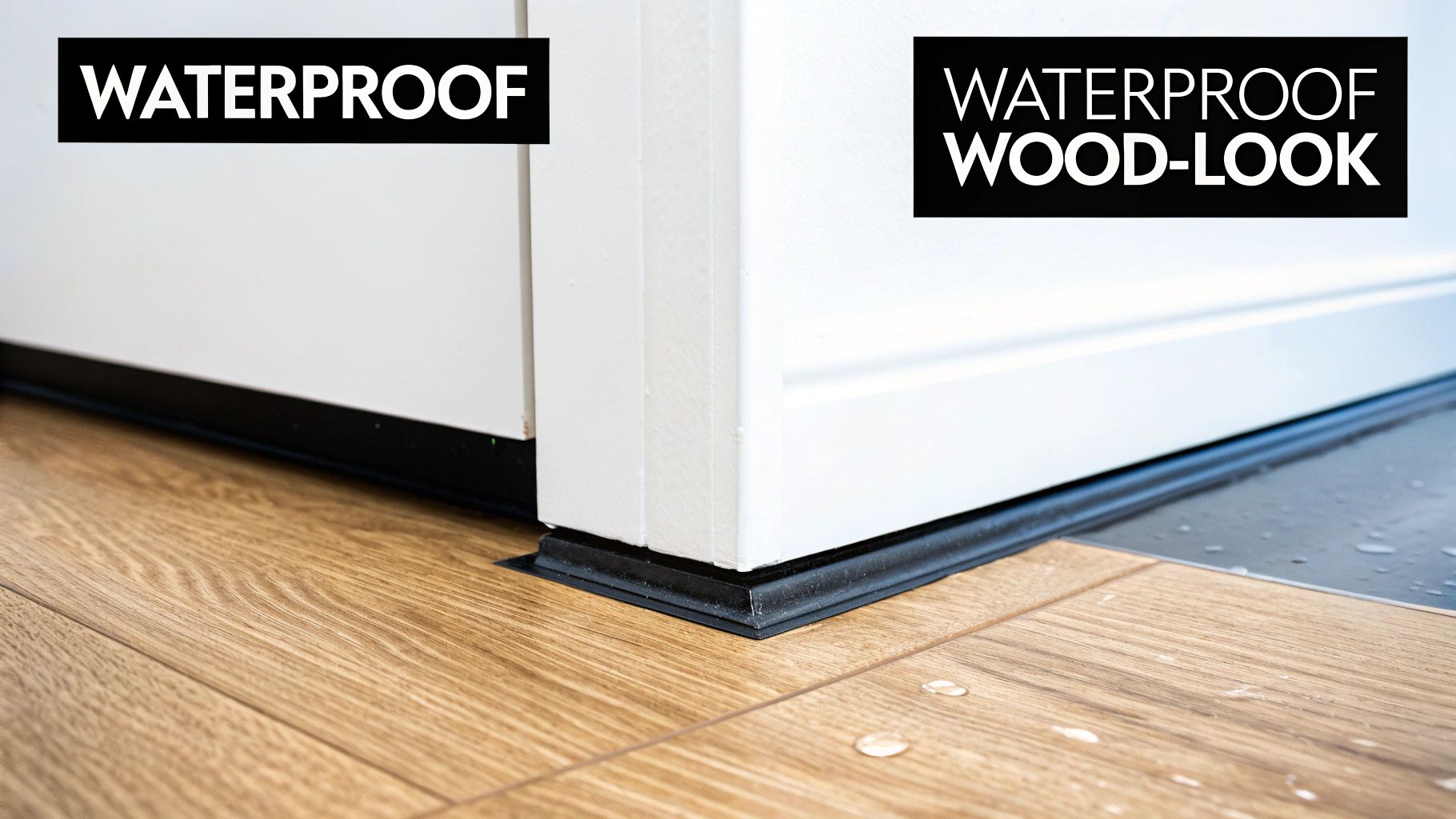Waterproof wood-look flooring meets another waterproof floor type, with water drops and black trim.