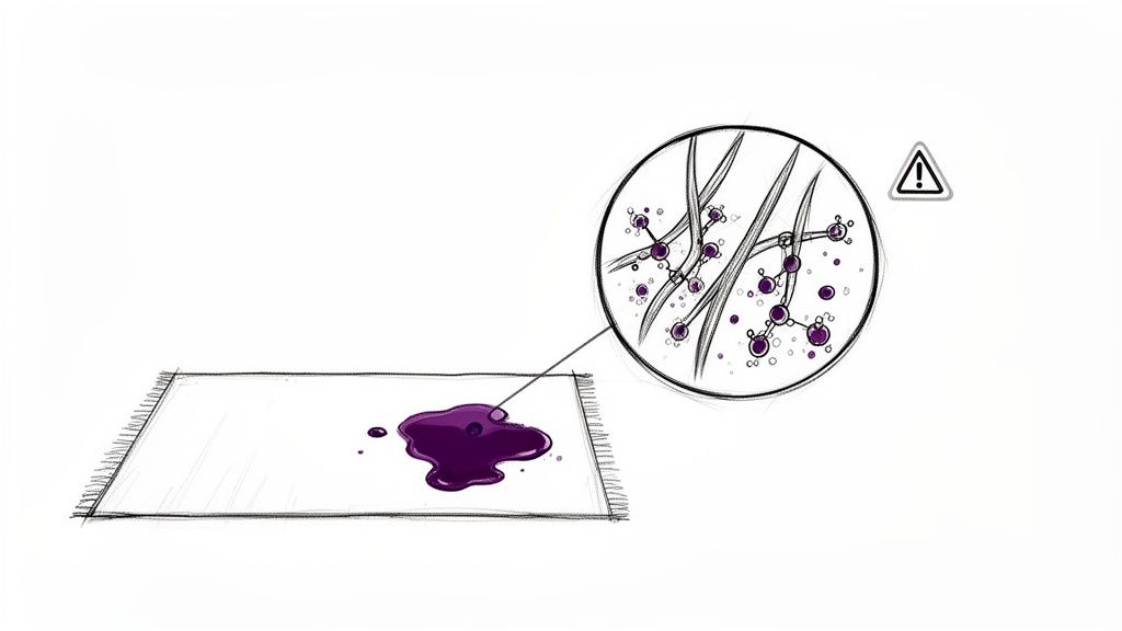 A spilled purple liquid on a white rug, with a microscopic view of molecules interacting with fabric fibers.
