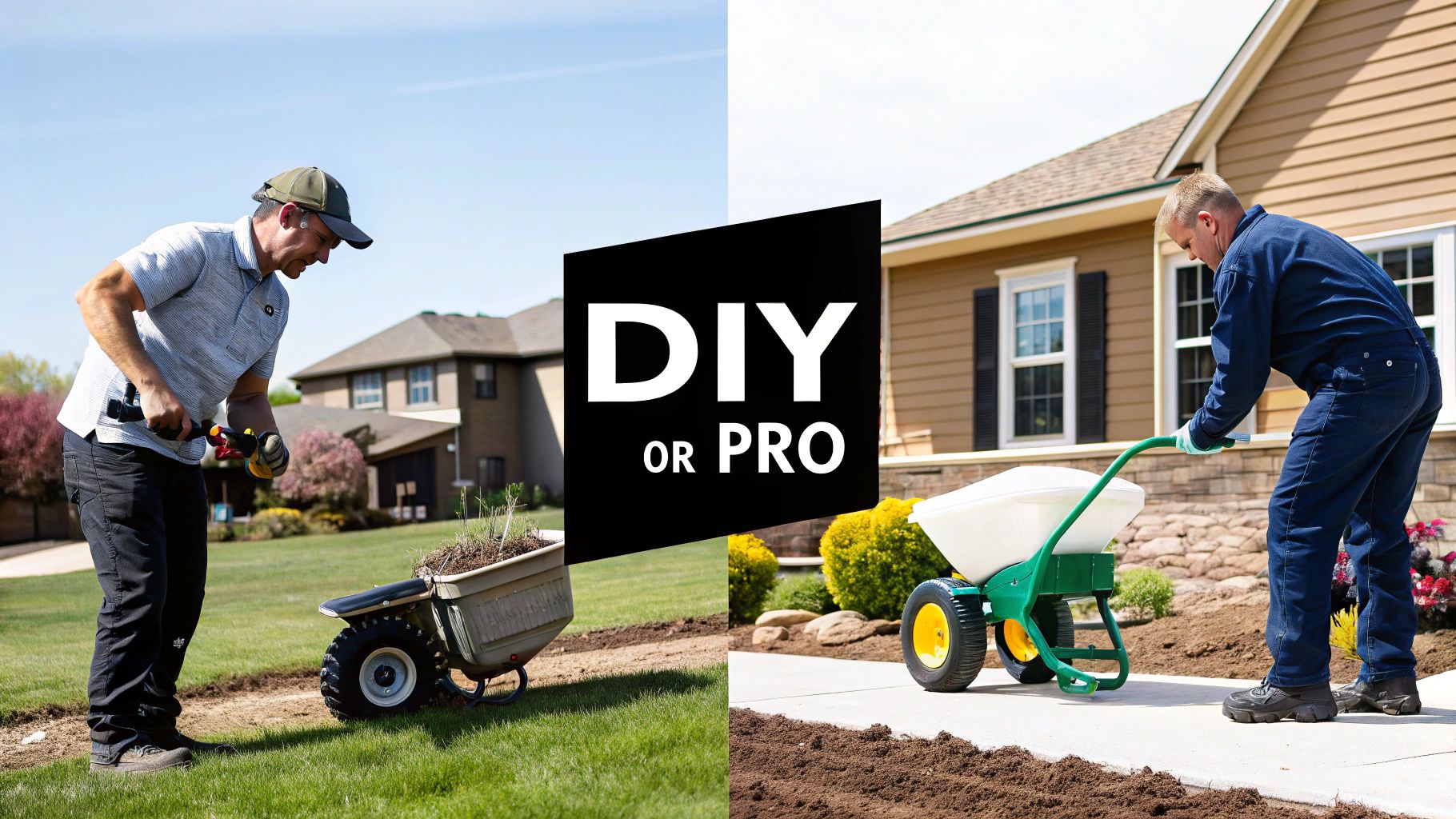 Two men demonstrating DIY versus professional lawn care with tools and a spreader.