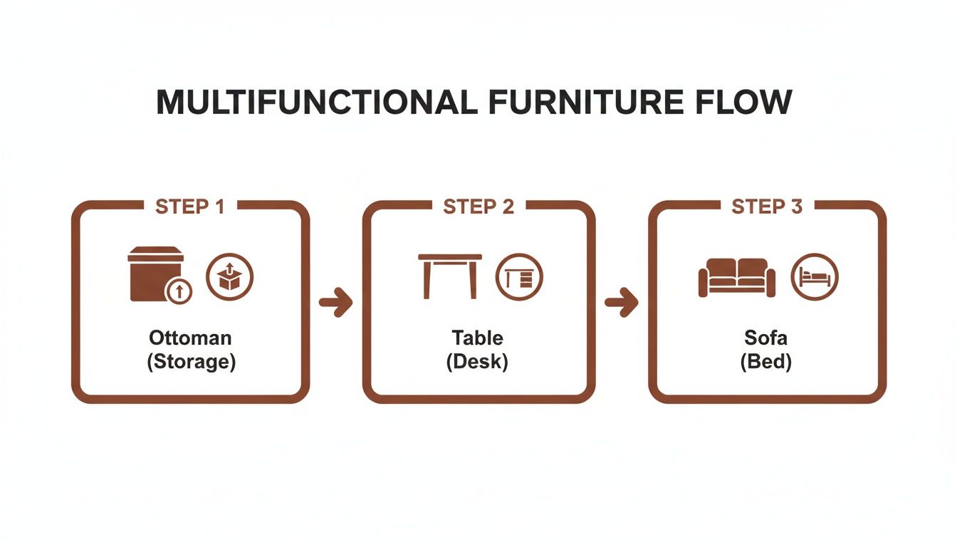 Flow diagram illustrates multifunctional furniture transforming from ottoman storage to table desk to sofa bed.
