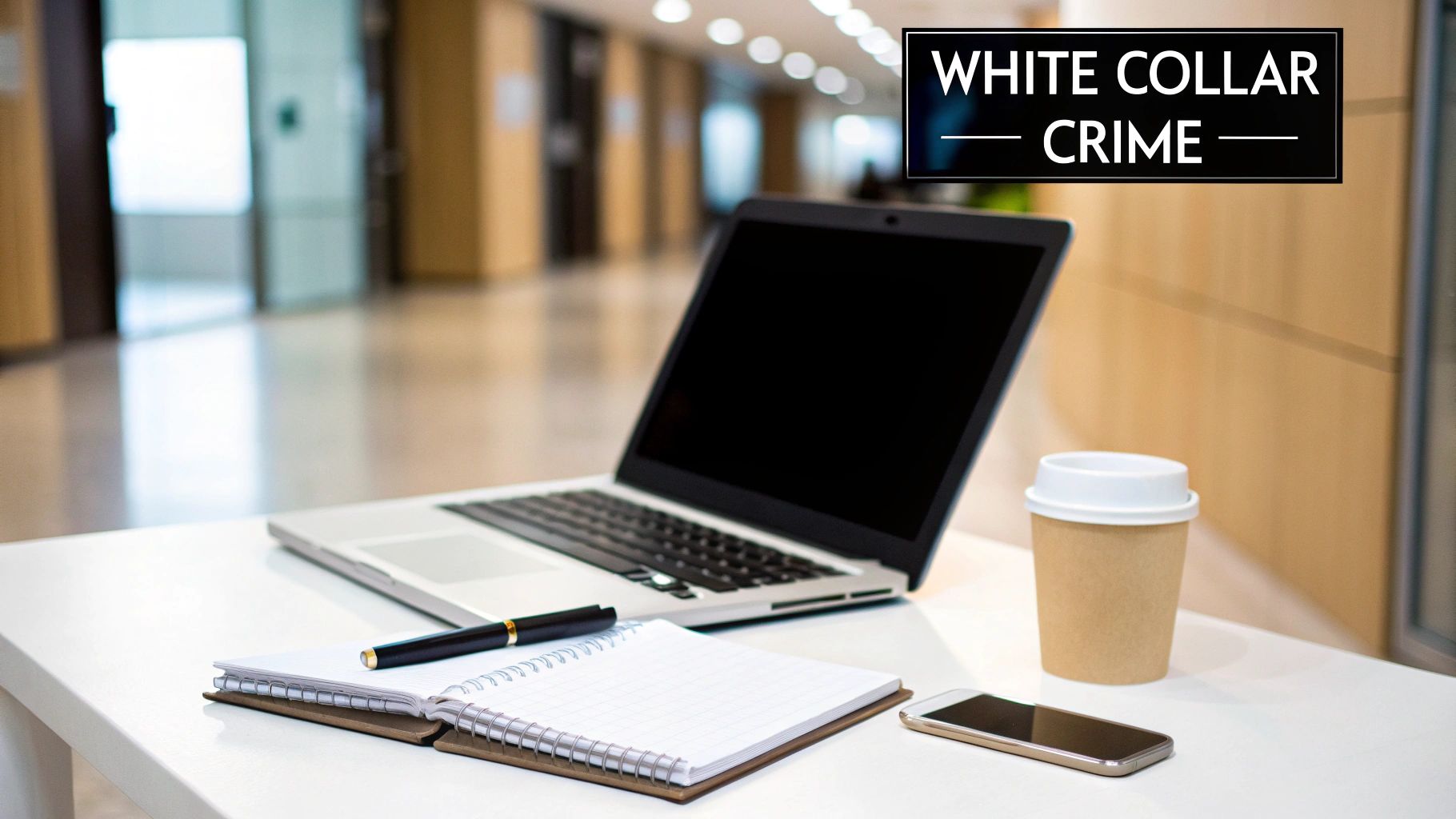 An office desk with a laptop, notebook, pen, coffee, and phone, bearing 'WHITE COLLAR CRIME' text.