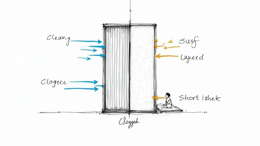 A person's hand holding up a dirty, clogged HVAC air filter, showing a stark contrast between clean and dirty sections.