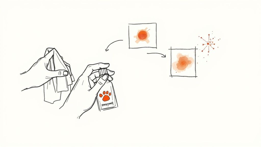 Hands applying enzyme cleaner to a stain, depicting its effective breakdown and removal process.