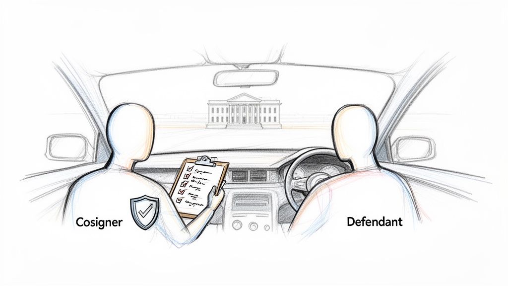 Cosigner and Defendant in a car, cosigner holding a checklist, driving towards a distant courthouse.