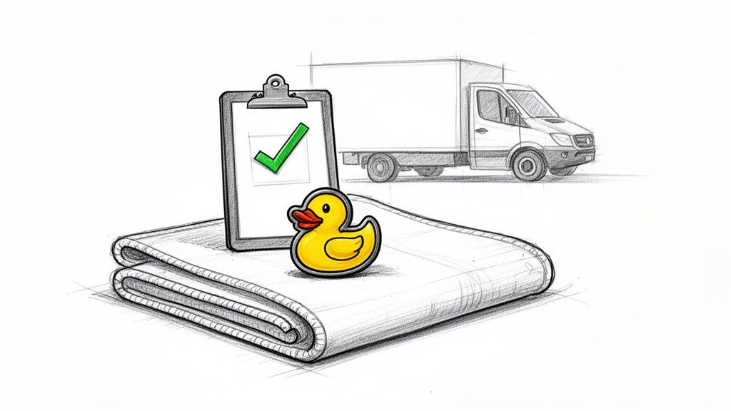 A sketch of a rubber duck and a clipboard on a folded towel, with a delivery truck behind.