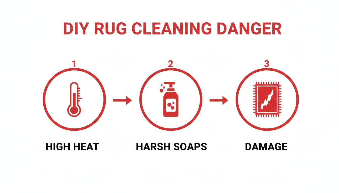 A diagram illustrating DIY rug cleaning dangers: high heat and harsh soaps can cause damage.