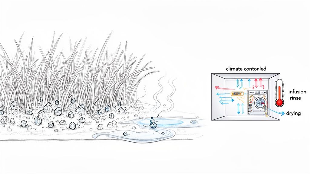 A detailed drawing depicting dirt and moisture on a surface, next to a climate-controlled washing and drying system.