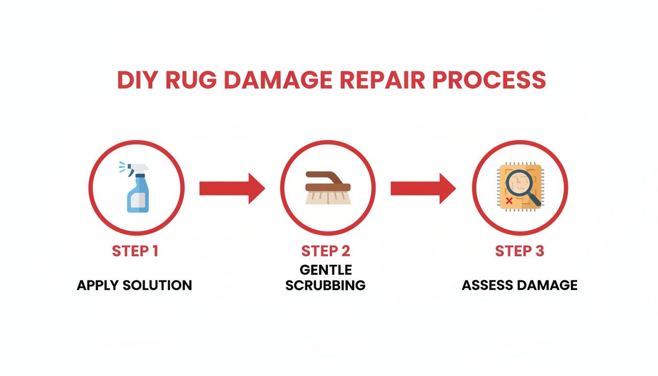 Infographic showing a 3-step DIY rug damage repair process: apply solution, gentle scrubbing, and assess damage.