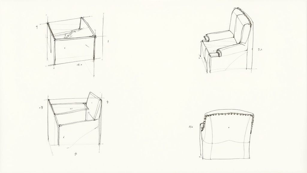 Four detailed line drawings illustrate the design and structure of an elegant armchair or recliner.