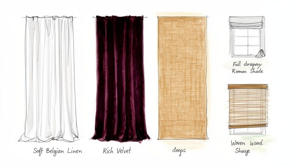 Sketches illustrating five different window treatments: linen and velvet curtains, woven panels, and two types of shades.