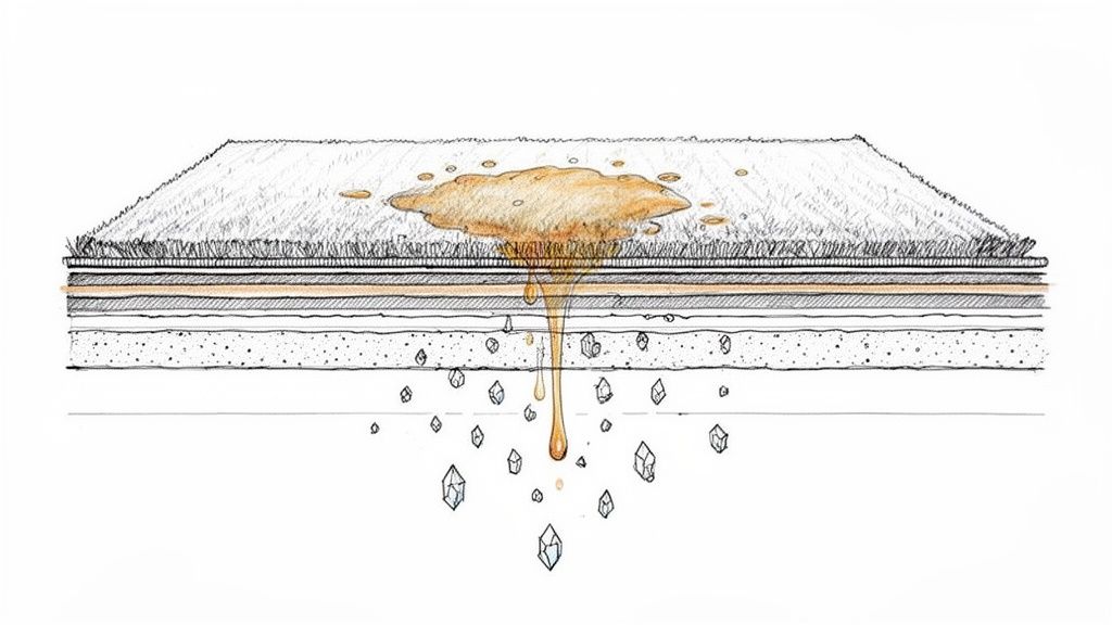 Diagram showing dog urine penetrating artificial turf layers, leading to crystal formation underneath.