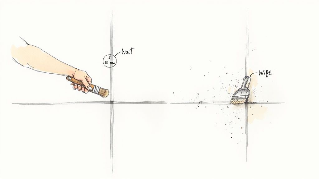 Illustration showing a two-step cleaning process: applying with a brush, waiting 10 minutes, then wiping.