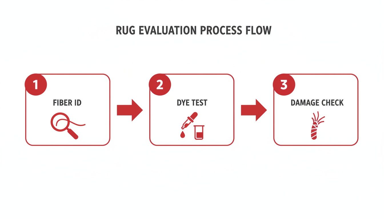A rug evaluation process flow diagram outlining three steps: Fiber ID, Dye Test, and Damage Check.