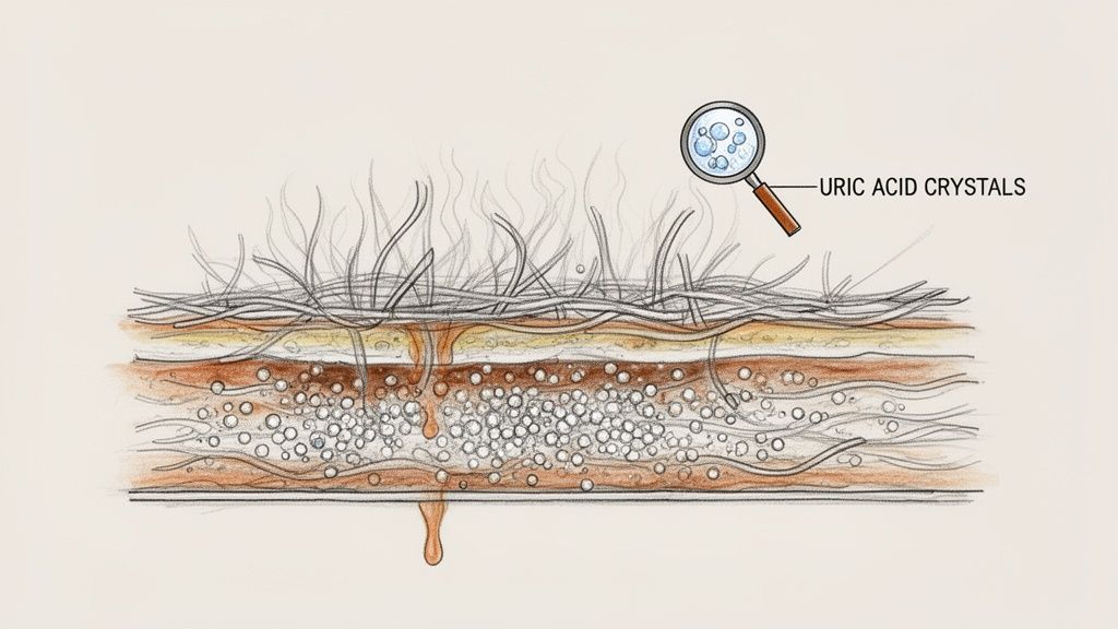 Cross-section illustration of a rug showing fibers, layers, and uric acid crystals magnified by a loupe.