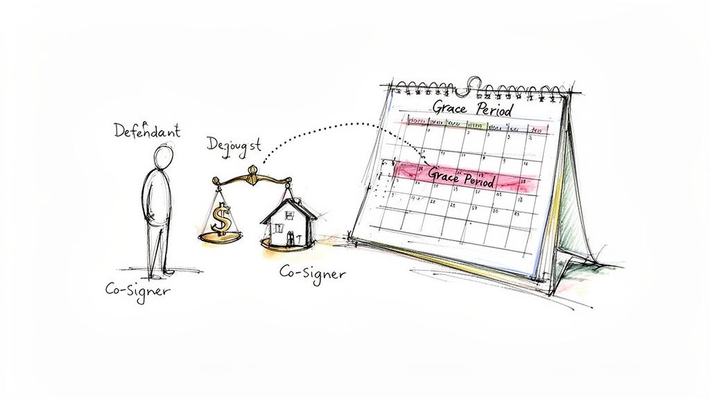 An illustration depicts a defendant, a co-signer, a scale balancing money and a house, and a calendar with a marked grace period.