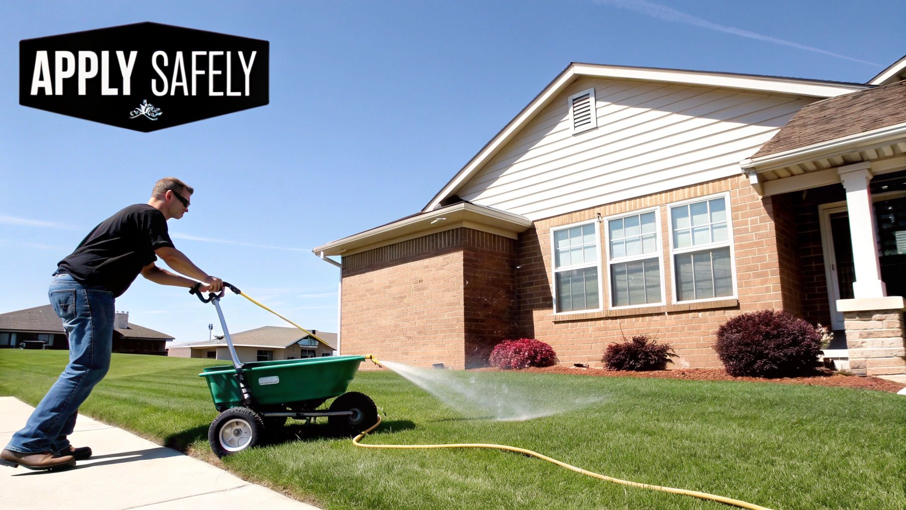 A man applying fertilizer to a green lawn in front of a house under a clear sky.