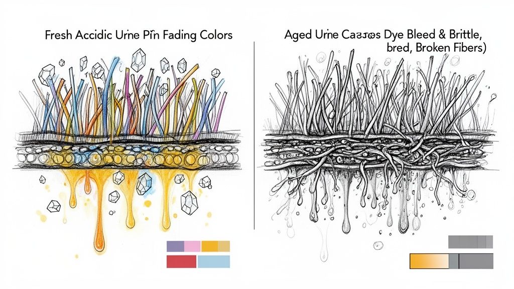 Diagram showing fresh acidic urine causing color fading versus aged urine leading to dye bleed and brittle carpet fibers.