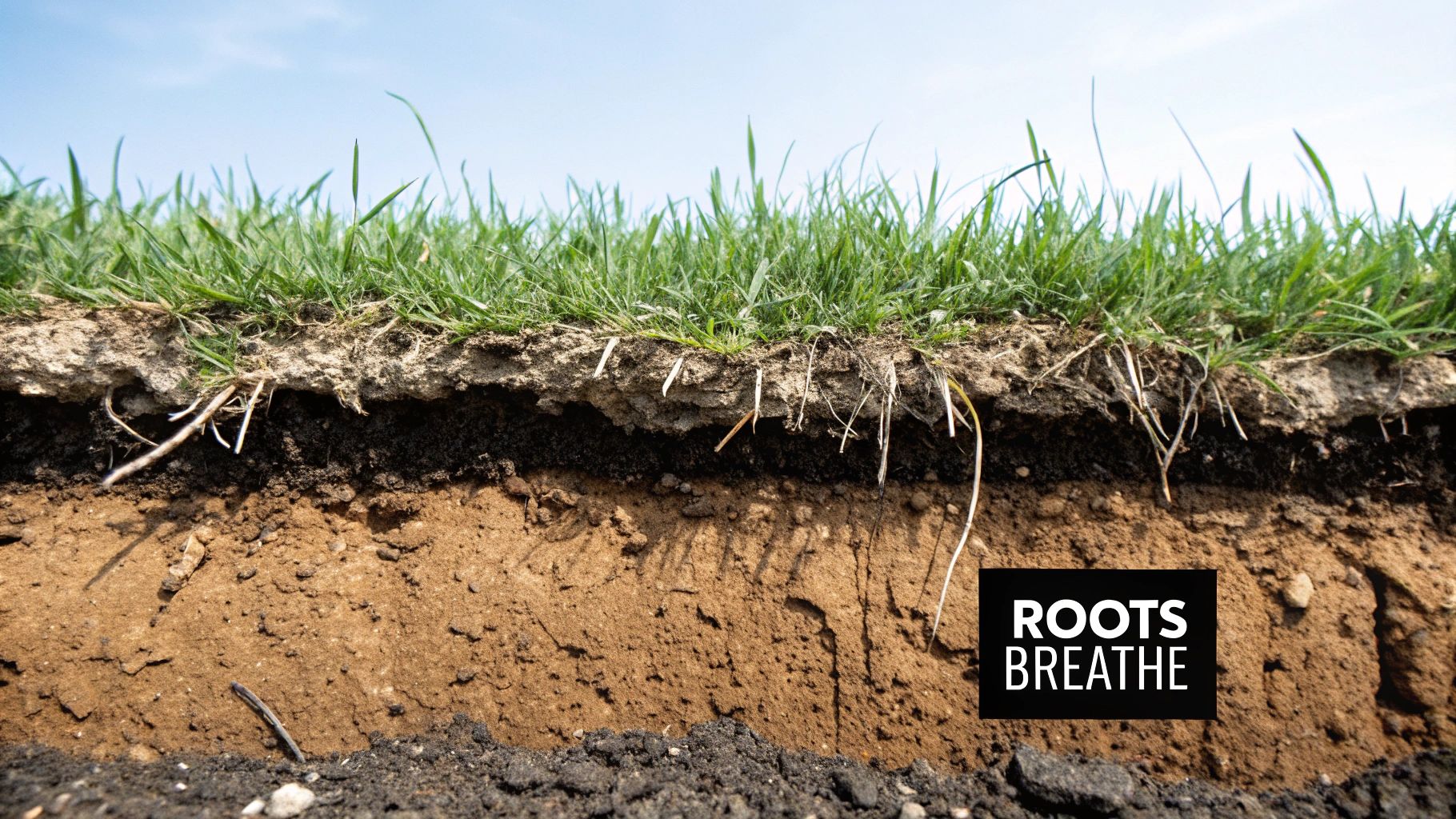 A close-up of a soil cross-section showing green grass, roots, and distinct soil layers. A text box says "ROOTS BREATHE".