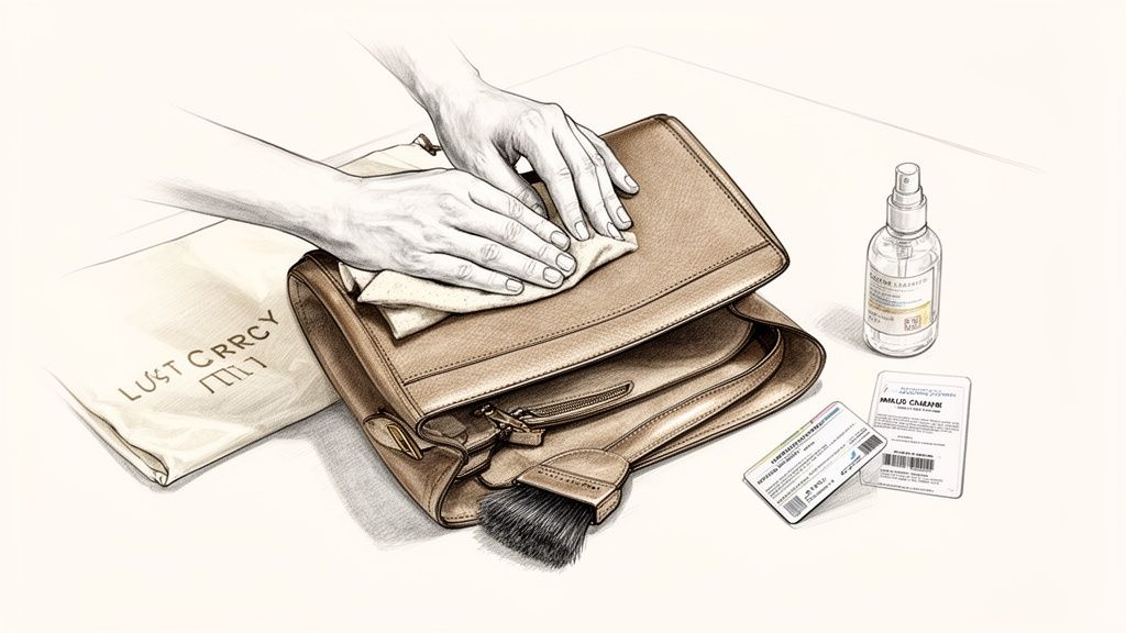 Hands meticulously cleaning a brown leather handbag with a cloth, alongside care products.