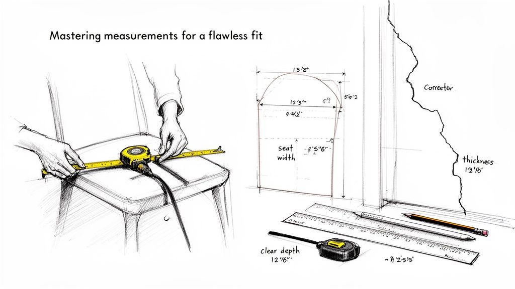A detailed sketch illustrating hands measuring a chair and technical drawings with various dimensions and measuring tools.