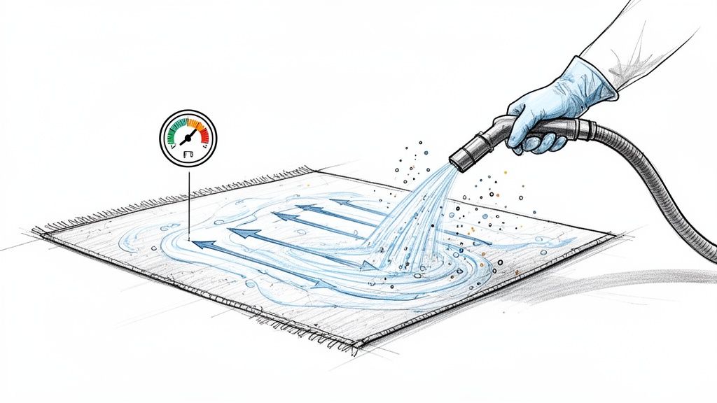 A gloved hand sprays water onto a carpet, illustrating water flow for cleaning and extraction, with a flow gauge.