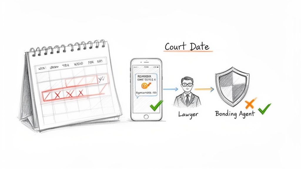 A visual guide illustrating court date reminders, legal representation by a lawyer, and bonding agent services.
